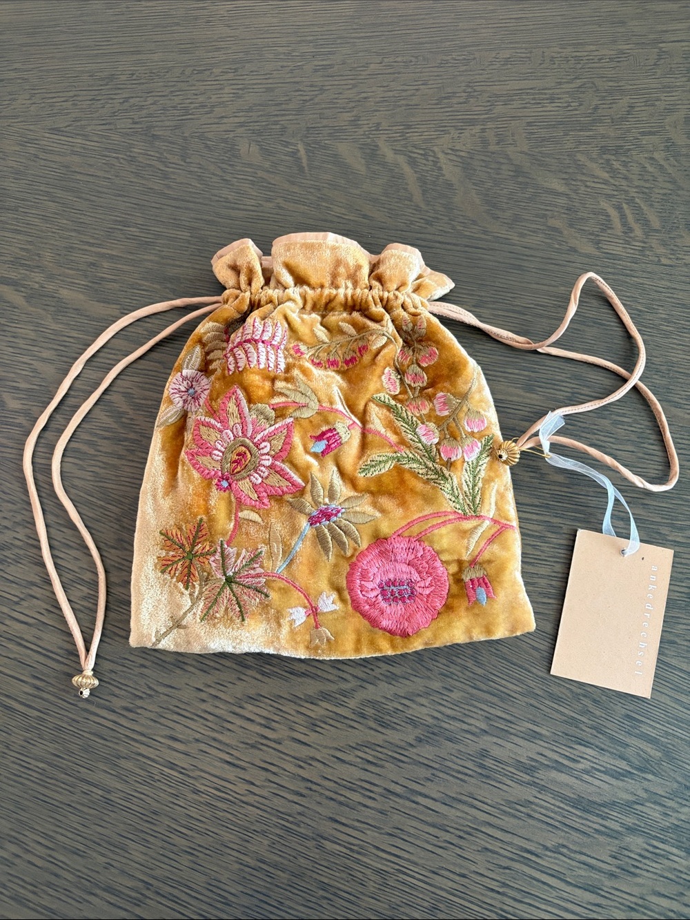Embroidered Velvet Drawstring Pouch - Gold with Pink Floral